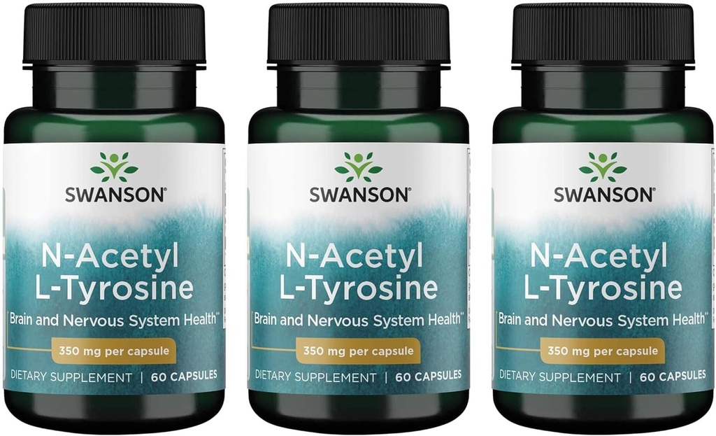 Swanson N-acétyl L-Tyrosine - Supplément à l'acide amino appuyant la santé globale du cerveau et la fonction du système nerveux central - favorise l'humeur et la santé cognitive - (60 capsules, 350mg chacune) 4 Pack