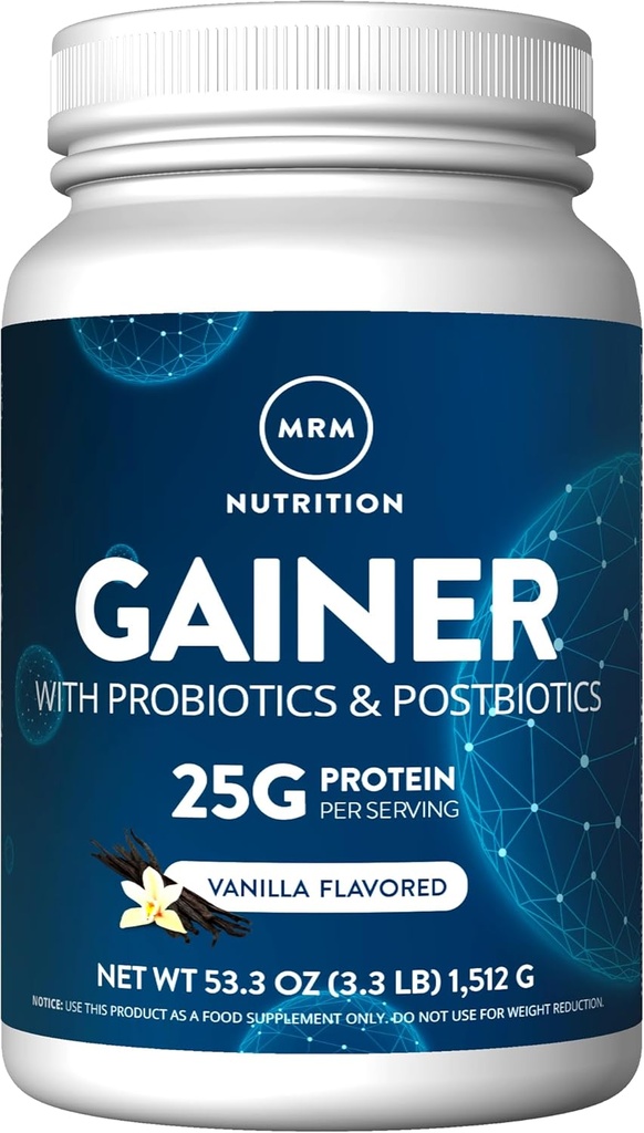 MRM Nutrition Gainer Protéines avec Probiotiques + Postbiotiques , Vanille Aromatisée , 25g Protéines , Concentré de lactosérum + Isolé + caséine micellaire , Slow + Digestation rapide , avec enzymes digestives , 18 portions