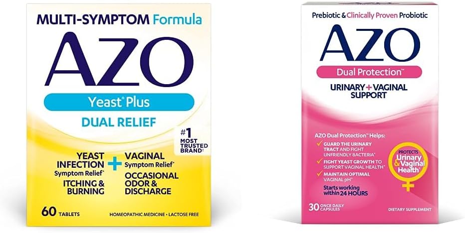 AZO Yeast Plus Dual Relief 60 Comprimés, Infection à levures et soulagement des symptômes vaginaux + Double Protection, Urinaire + Soutien vaginal*, Prébiotique Plus Probiotique de femmes prouvé cliniquement 30 Compte