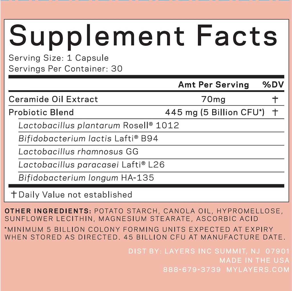 Calque quotidienne Glow Probiotic Supplements (suppléments probiotiques) cliniquement efficaces, augmentation de l'élasticité, peau lumineuse (Skin) végétalienne et non-OGM et sans gluten (30ct)