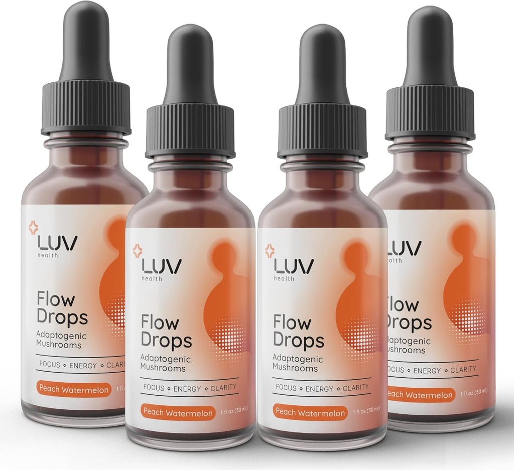 LUV santé gouttes d'eau® – supplément énergétique pour la focale, la clarté mentale et le soutien immunitaire - Champignons adaptogènes avec Mane de Lion, Cordyceps, Reishi, Chaga & Turkey Tail – Vegan, Made in USA 4-Pack