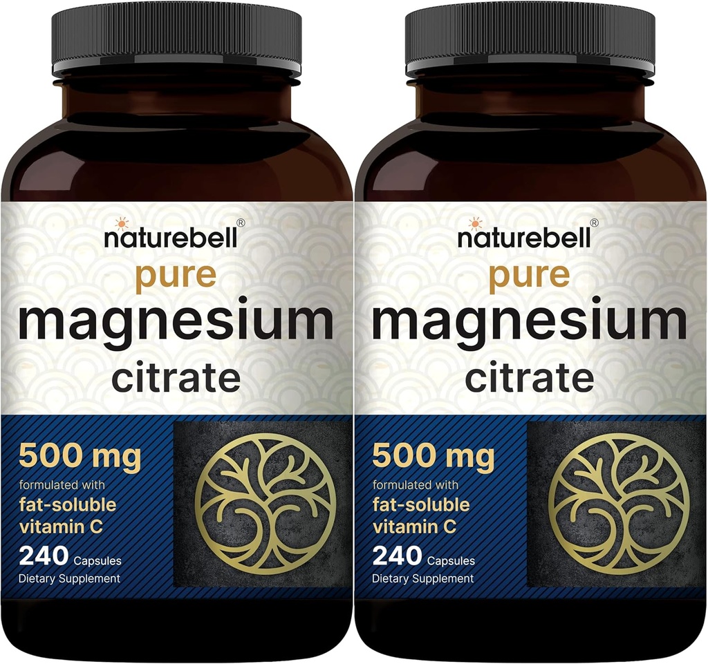 NatureBell 2 Pack Citrate de magnésium 500mg, 480 Capsules 2-en-1 avec de la vitamine C soluble dans le gras