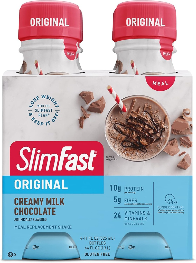 Remplacement de repas SlimFast Shake, Chocolat de lait crémeux d'origine, 10g de protéines prêtes à boire pour la perte de poids, 11 Fl. Oz bouteille, 4 Compte (emballage mai Vary)