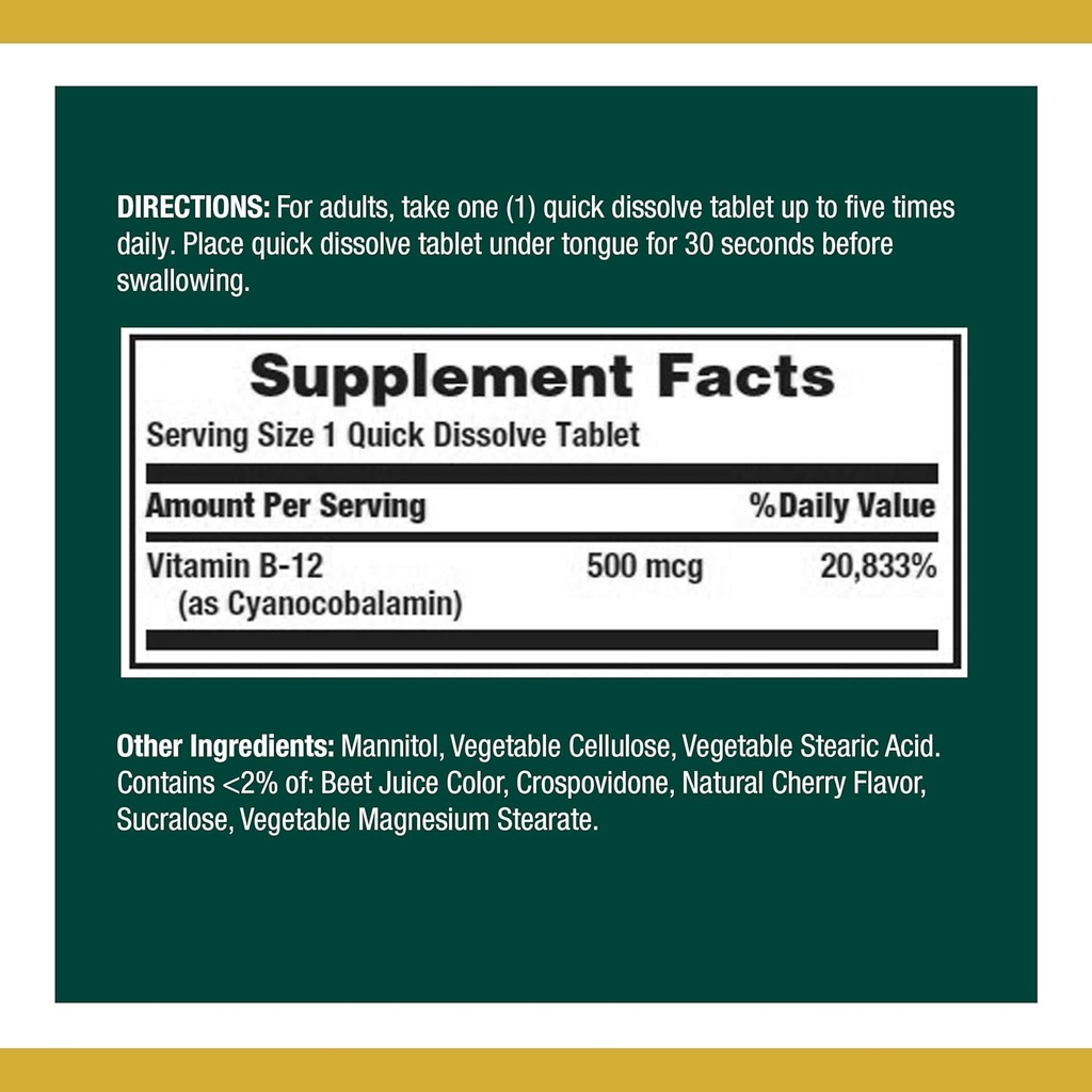 Nature's Bounty Vitamine B12, soutient le métabolisme de l'énergie et la santé du système nerveux, 500mcg, 100 comprimés à dissolution rapide (paquet de 2)