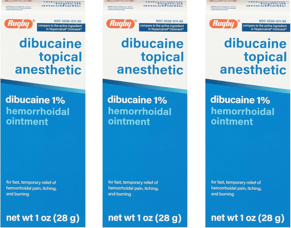 Rugby Dibucaine Anesthésie topique 1% Onguent hémorroïde - Crème de soulagement de la douleur pour les démangeaisons et les brûlures, Traitement hémorroïde, Crème anti démangeaison 1 Oz (3 Pack)