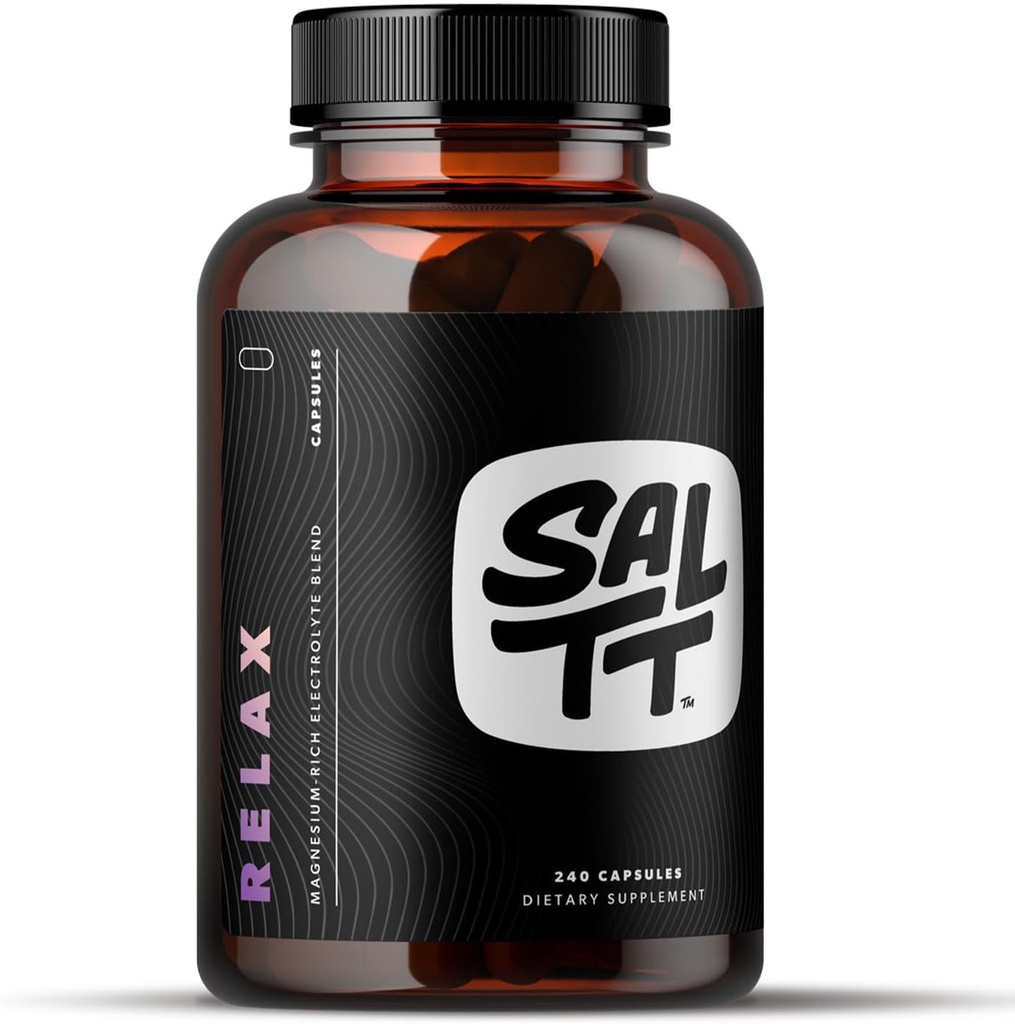 SALTT Relax - Supplément de capsules de magnésium - 203 mg de chlorure de magnésium ionique avec/sodium, potassium, électrolytes - végétalien, sucre et sans gluten - 240 Compte - par Keto Chow