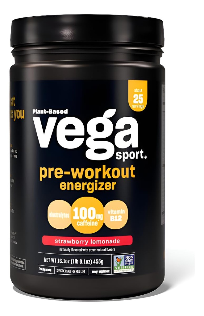 Vega Sport Pre-Workout Energizer, Strawberry Lemonade - Poudre de pré-entraînement pour les femmes et les hommes, soutient l'énergie et le focus, électrolytes, végétalien, kéto, sans gluten, non OGM, 1,1 lb