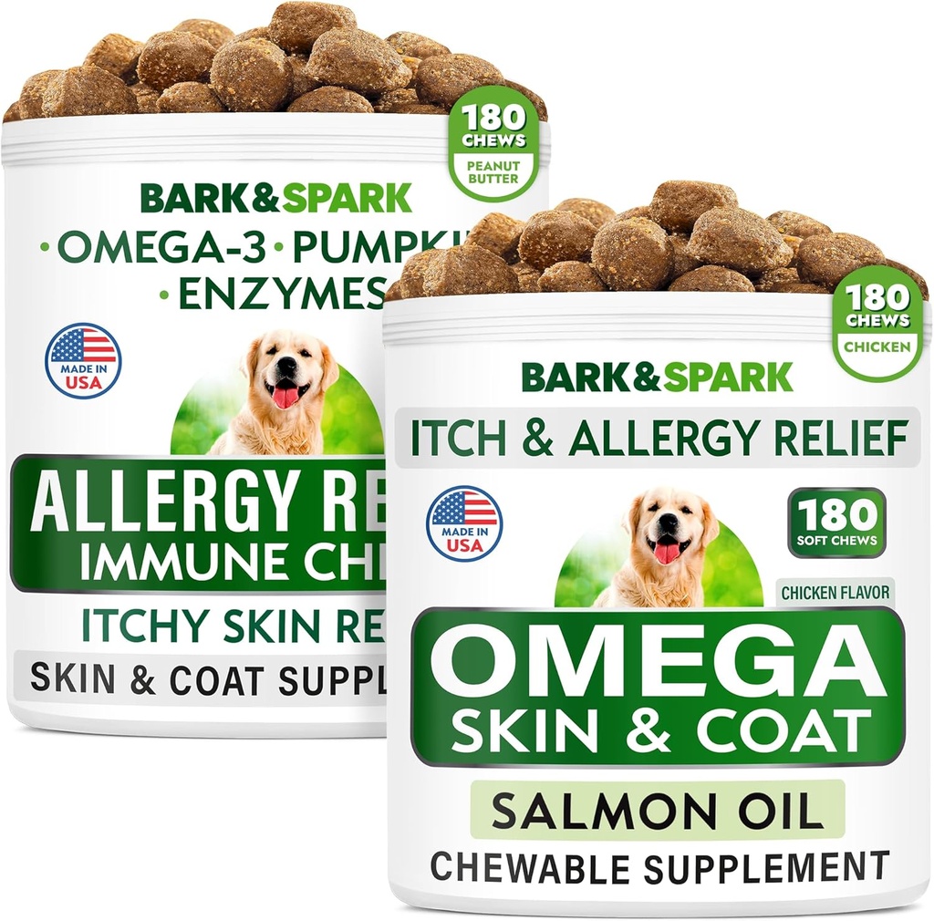 Allergy Relief + Omega 3 pour les chiens - Anti-Itch Skin & Coat + Peau Allergy - Omega 3 Huile de poisson + Acide gras EPA & DHA - Démangeaisons & Paw Licking + Santé articulaire - 360 Chews - Fabriqué aux États-Unis