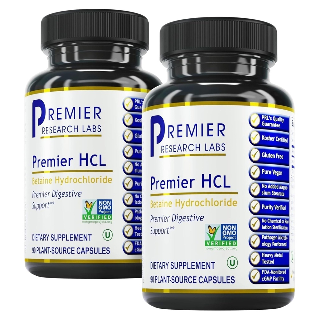 Premier Research Labs Premier HCL - Betaine HCL, Supplément chlorhydrate de bétaine pour fonction digestive optimale, Absorption nutritive, Betaine-HCL pour capsules à faible teneur en acide stomachique- 90