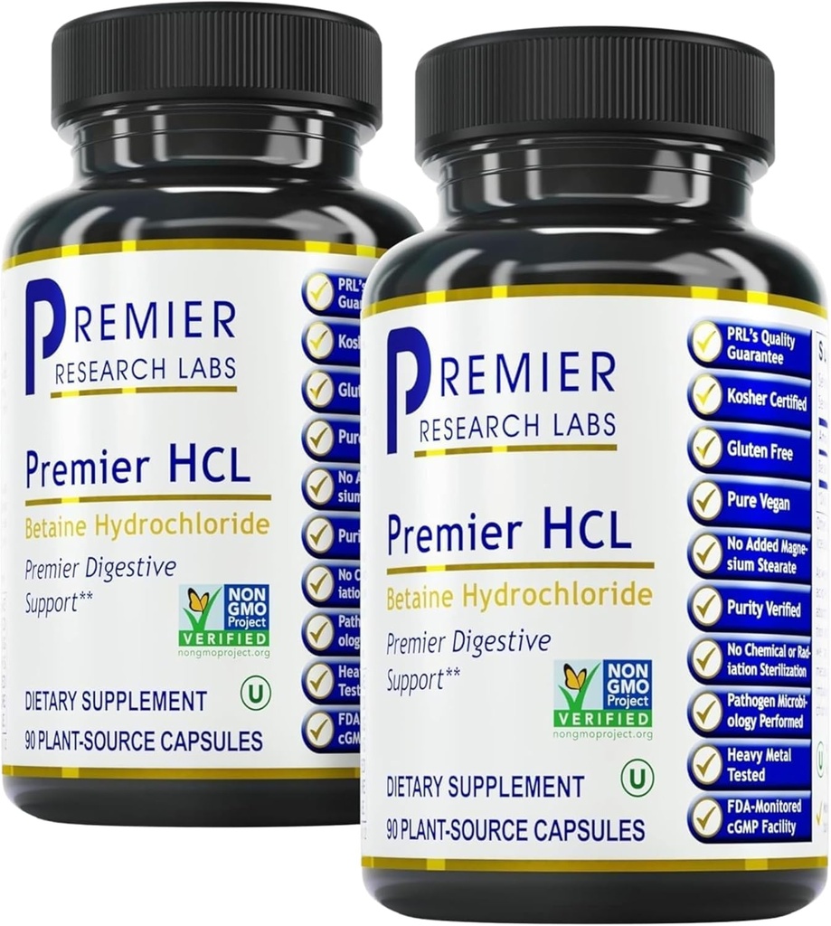 Premier Research Labs Premier HCL - Betaine HCL, Supplément chlorhydrate de bétaine pour fonction digestive optimale, Absorption nutritive, Betaine-HCL pour capsules à faible teneur en acide stomachique- 90