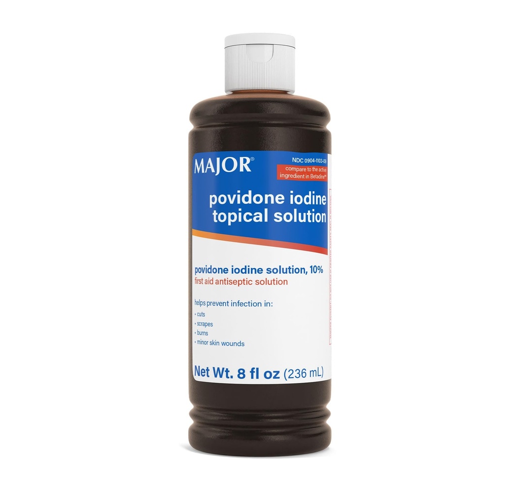 Major 10% Solution topique liquide Povidone-Iodine, USP - Antiseptique topique pour les coupures, les éclats, les brûlures et les blessures cutanées mineures - 8 Fl. Oz.