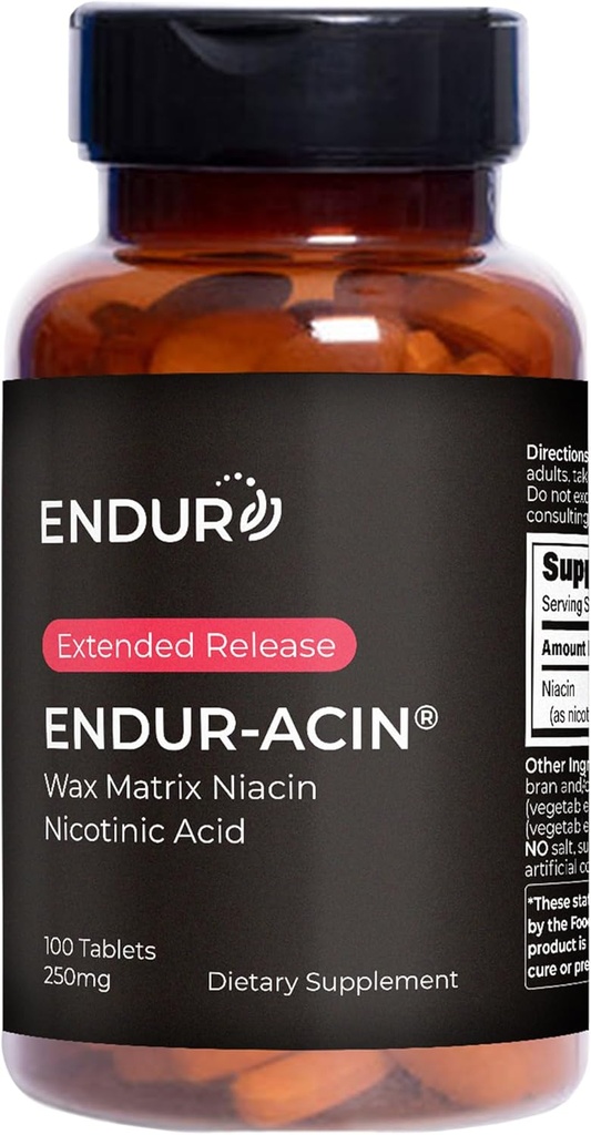 ENDUR-ACIN Niacine, supplément santé cardiaque et équilibre du cholestérol, libération prolongée pour absorption optimale, sans gluten, 250mg (100 comprimés)