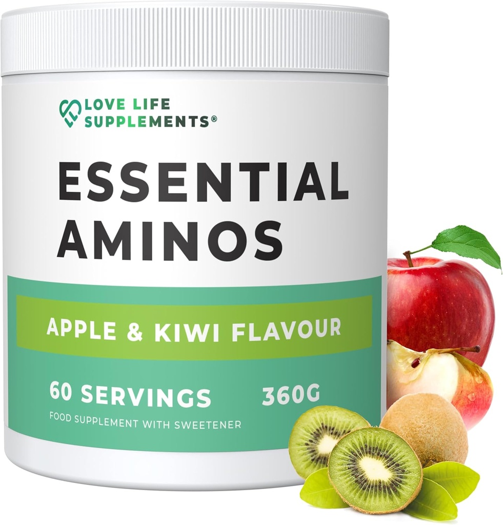 Love Life Supplements EAA Amino Acides Poudre, Tous les 9 acides aminés essentiels incluant BCAA et 2 grammes de Leucine par portion, Apple & Kiwi Flavour, 348g - 60 portions (5g d'EAA par portion)