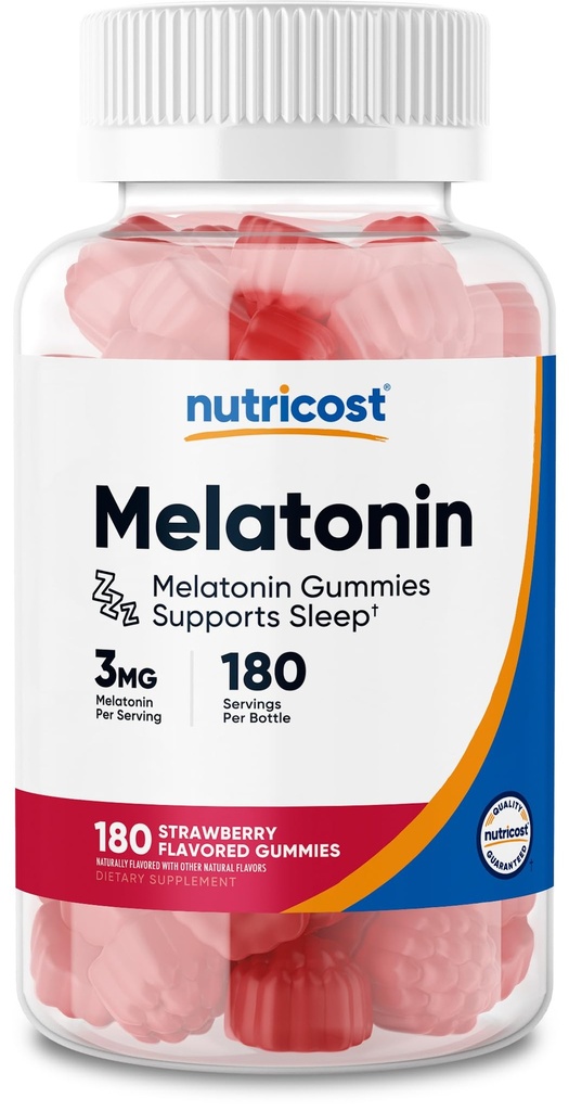 Nutricost Melatonin 3mg, 180 Gummies, Strawberry Flavored - Gluten Free, Non-GMO, No Corn Syrup