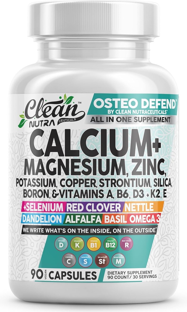 Allin1 supplément de zinc de magnésium de calcium avec potassium, cuivre, strontium, silice, vitamine D3 K2, Boron, vitamine B1 B12 trèfle rouge Herbe Alfalfa pilules basilic pour hommes et femmes Clean Nutra Osteo Defend