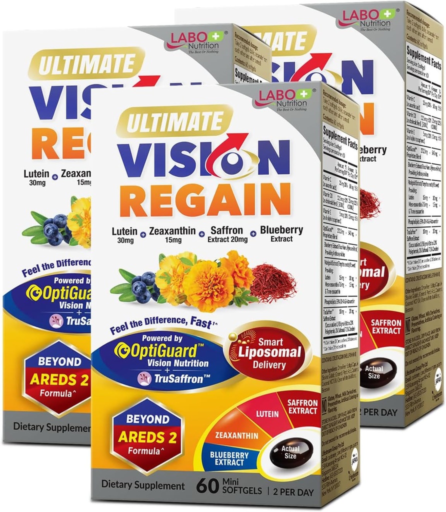 LABO Nutrition Ultimate VisionREGAIN, Vitamine Eye Beyond AREDS 2 Formule avec Lutéine, Zeaxanthin, Extrait de safran, Blueberry pour la santé maculaire et rétinienne, Fatigue des yeux, Soutien de la vision nocturne 60 comtesx3