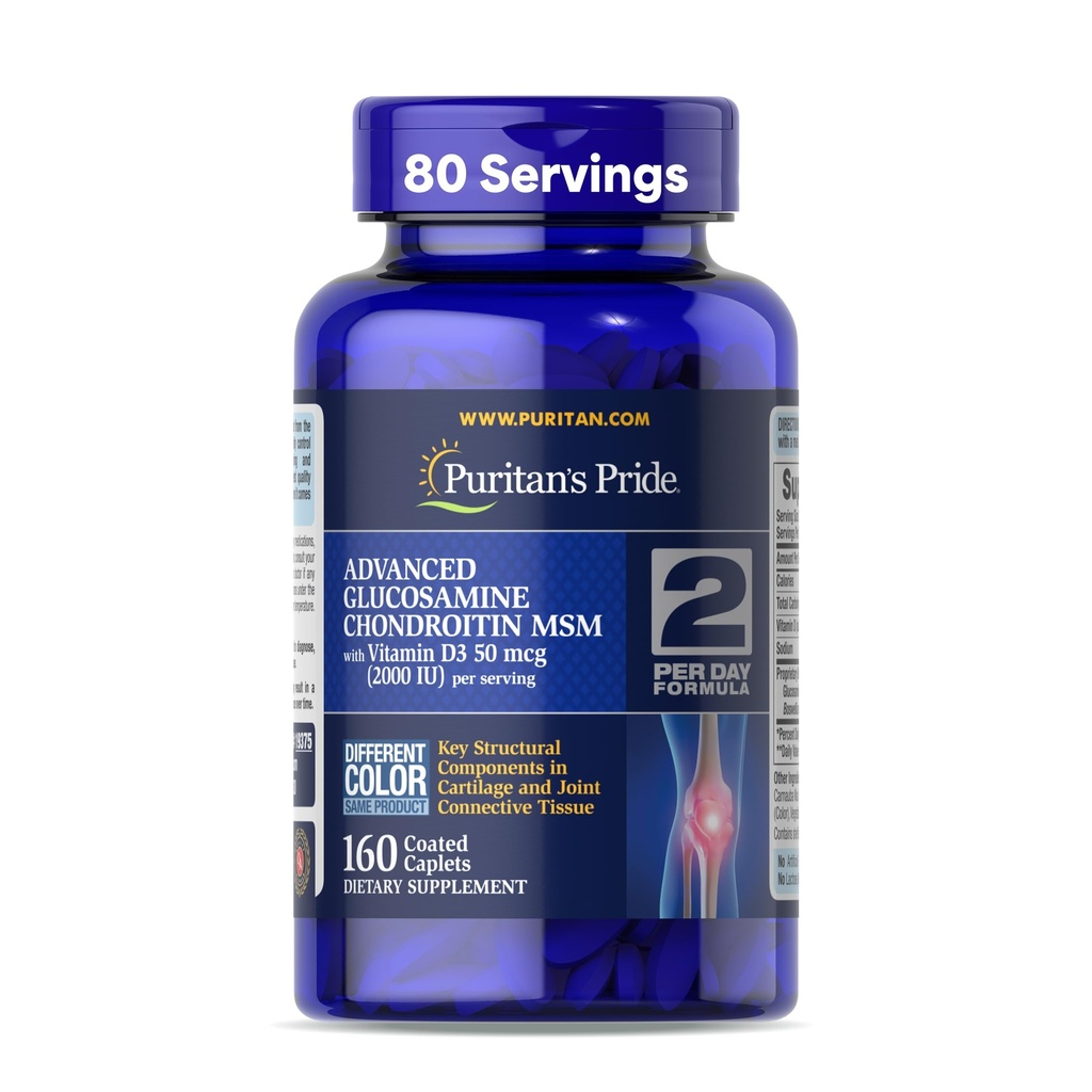 Puritan's Pride Advanced Glucosamine Chondroitin MSM avec vitamine D3 50mcg (2000 UI), supplément alimentaire pour la santé conjointe, 80 portions, 160 comprimés enduits