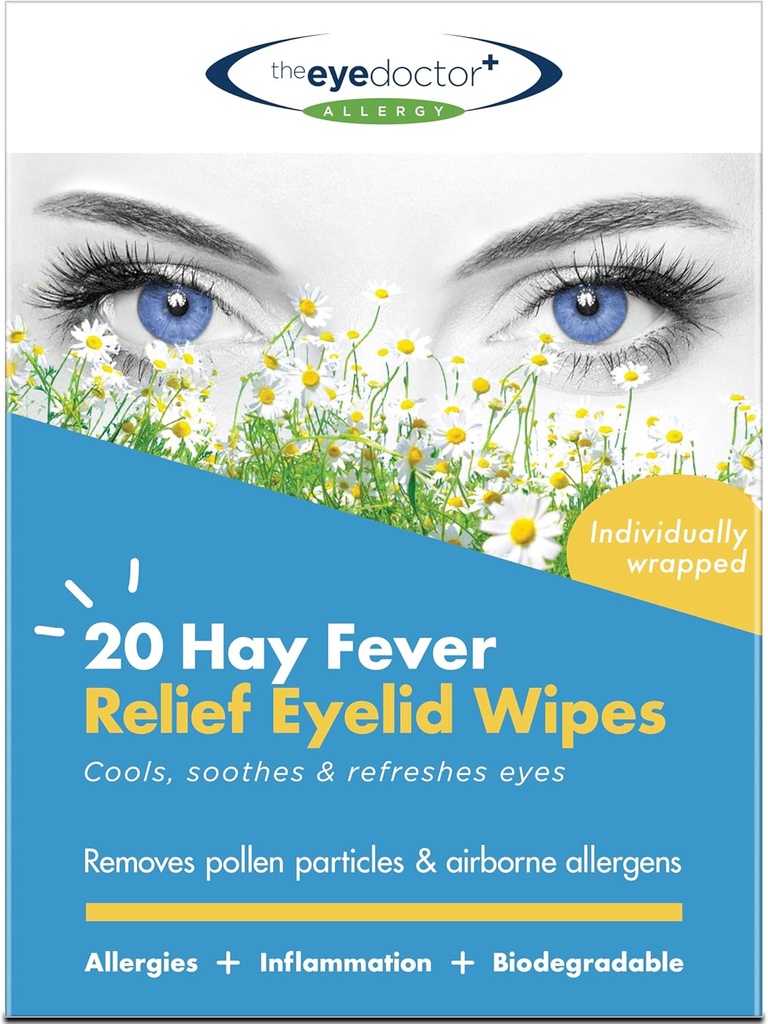 The Eye Doctor Hay Fever Relief Eyelid Wipes - 20x Single Use Eye Wipes for Allergy & Hayfever - Inflammation, Watery Itchy Eyes, Headaches & Migraines - Cooling Soothing Relief
