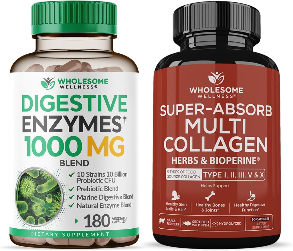 Enzymes digestives saines Bien-être 1000MG Plus Supplément prébiotiques et probiotiques + pilules multicollagènes Super-Absorbe (Type I II III V X) Herbes organiques et mélanges biopériniques