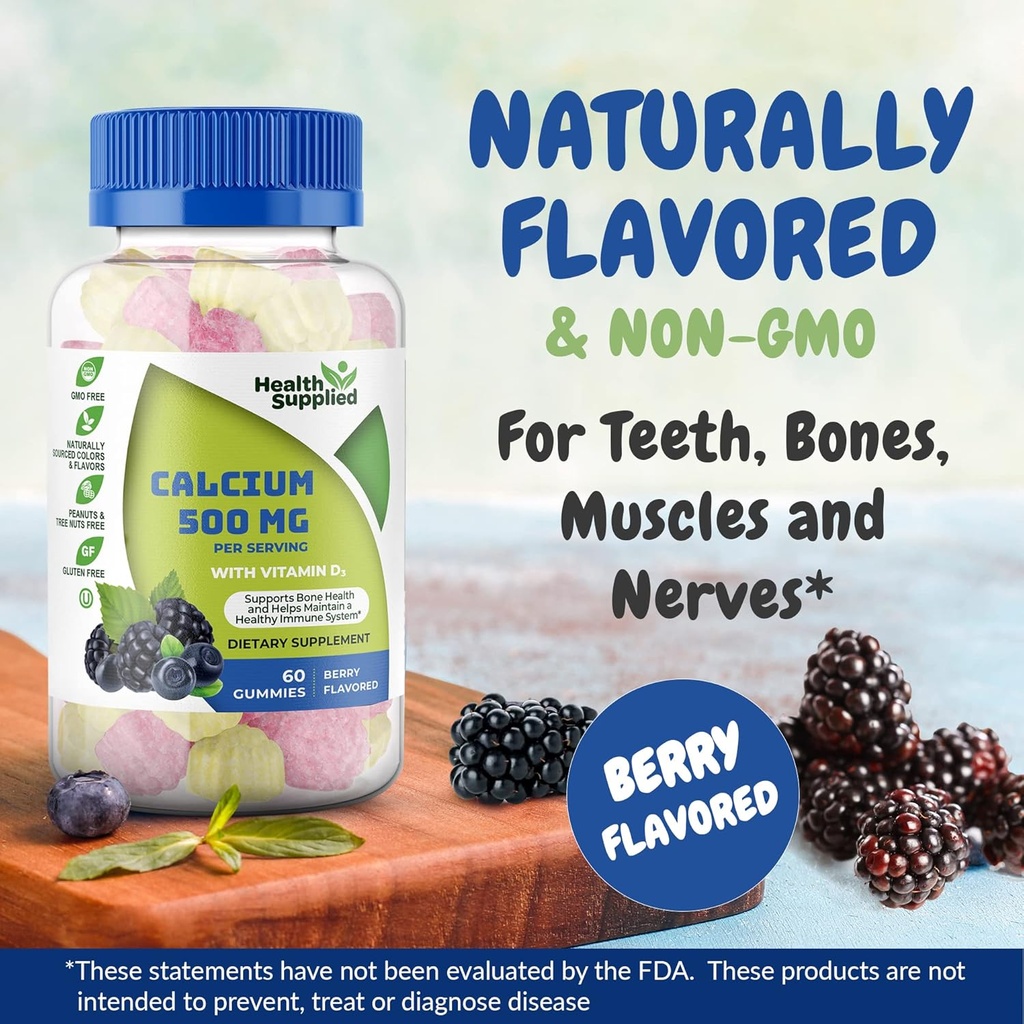 Calcium 500mg avec vitamine D3 1000 UI Gummies.com Supplément diététique quotidien.