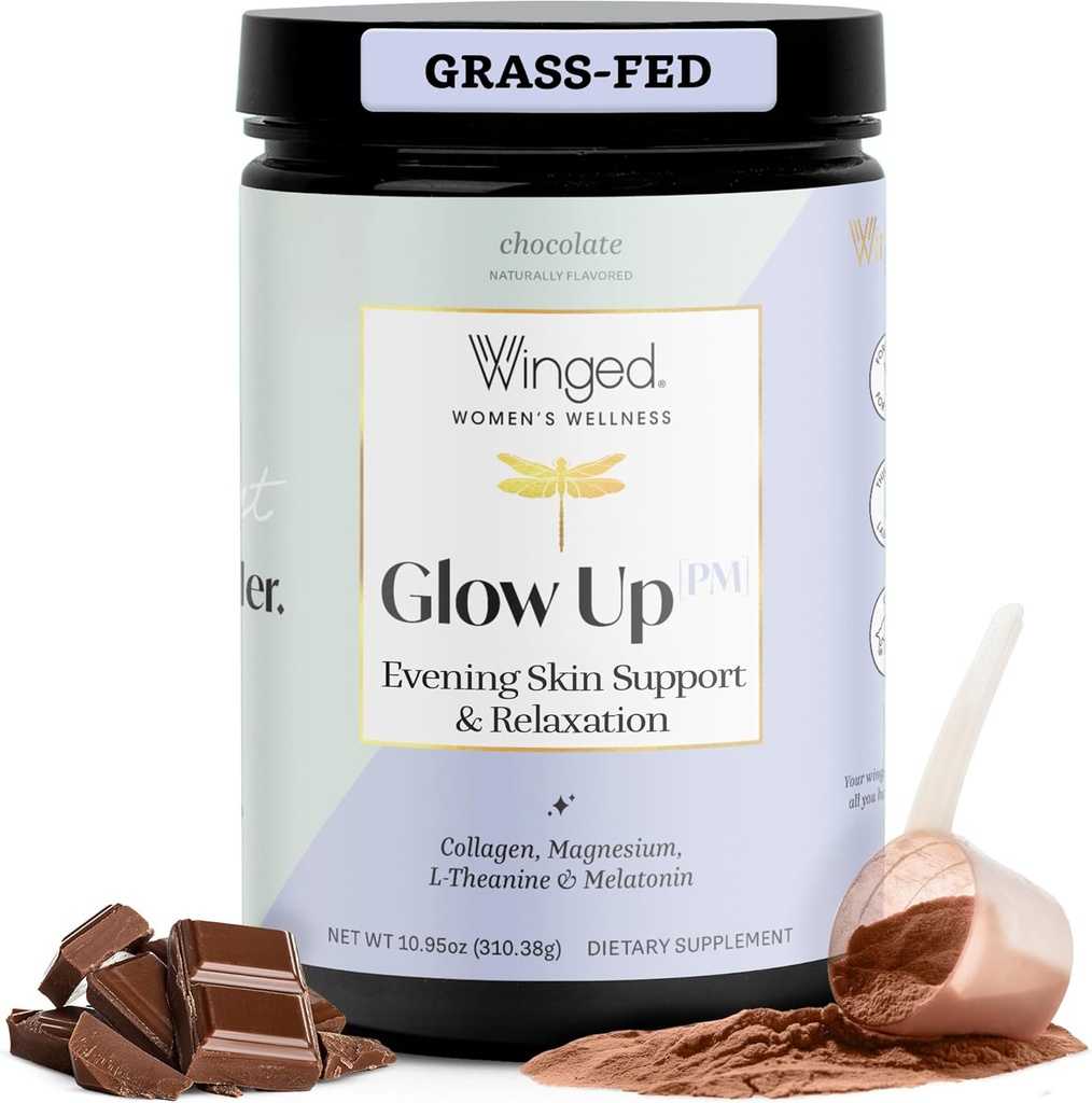 Winged Wellness Glow Up PM Collagen Peptide Powder | Evening Skin and Relaxation for Glowing Skin and Sweet Sleep. Grass Fed Collagen w/Magnesium, L-Theanine and Melatonin I Chocolate, 21 Servings