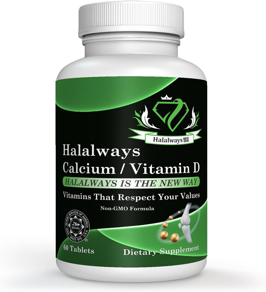 Halalways Calcium/Vitamine D Supplément halal certifié Bone Health Support, avec Calcium et vitamine D, supplément alimentaire, suppléments de vitamine, pour les hommes et les femmes, (650mg Calcium, vitamine D 10mcg)