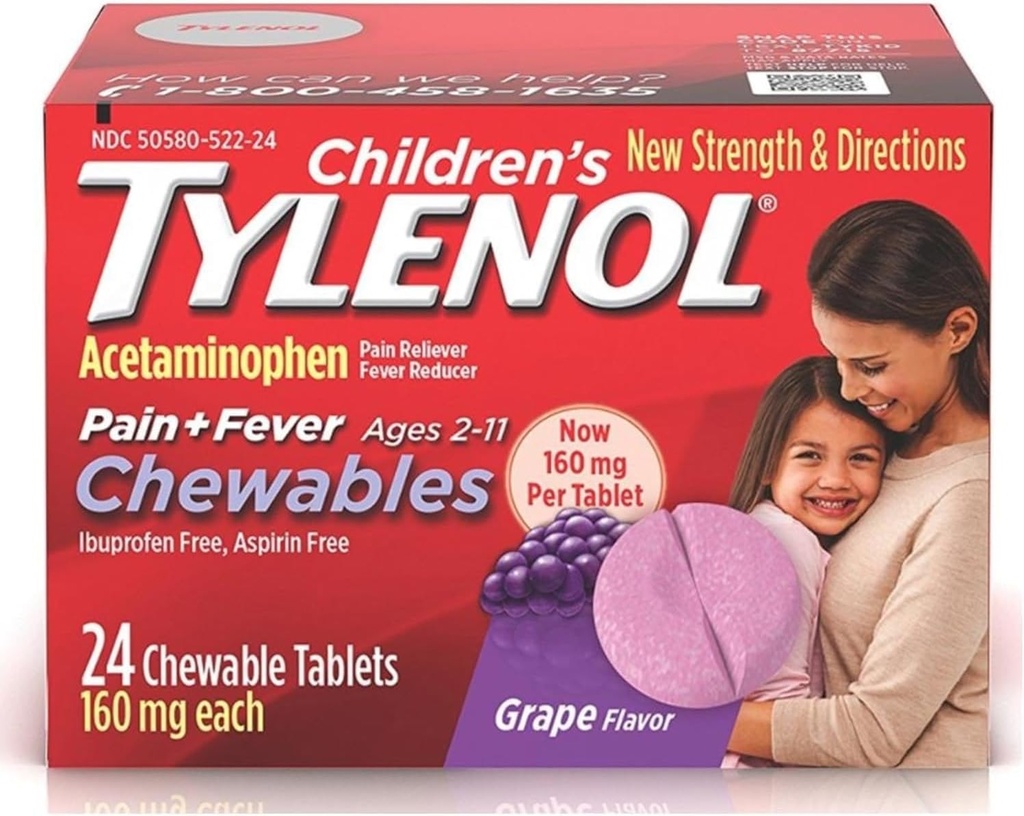 Tylenol Children's Pain + Fever Chewables Tablets 160 mg, Grape Flavor 24 ea (3 Pack)