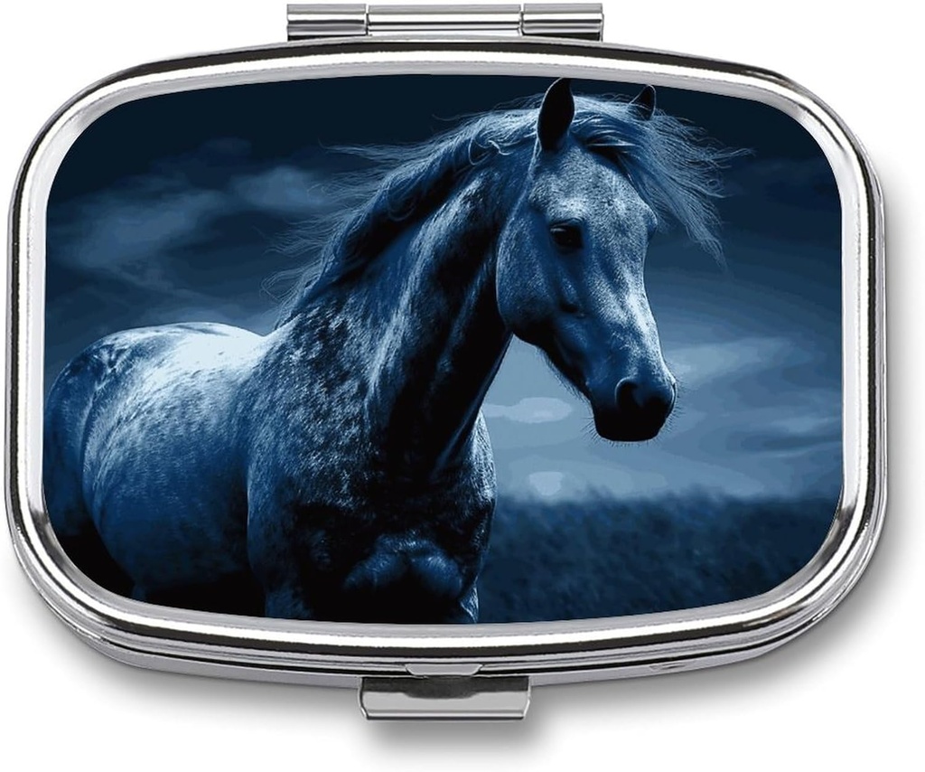 Blue Horse Pill Box 3 Compartment Square Small Pill Case Travel Pillbox for Purse Pocket Metal Medicine Organizer Portable Pill Container Holder to Hold Vitamins Medication Fish Oil and Supplements