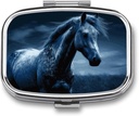 Blue Horse Pill Box 3 Compartiment Square Small Pill Case Travel Pillbox for Purse Pocket Metal Medicine Organizer Portable Pill Container Holder to Hold Vitamines Medicament Fish Oil and Supplements