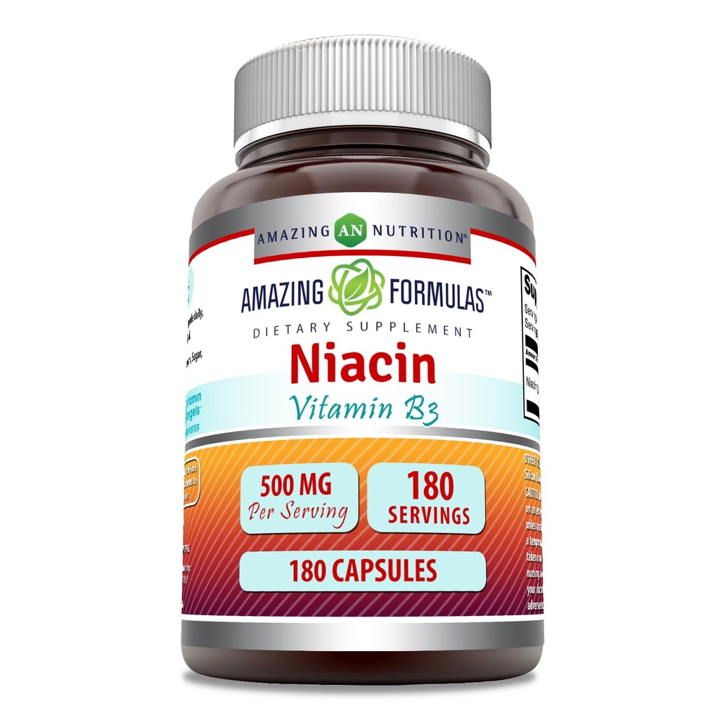 Amazing Formulas Niacin Supplement | 500 Mg Per Serving | 180 Capsules | Non-GMO | Gluten-Free | Made in USA