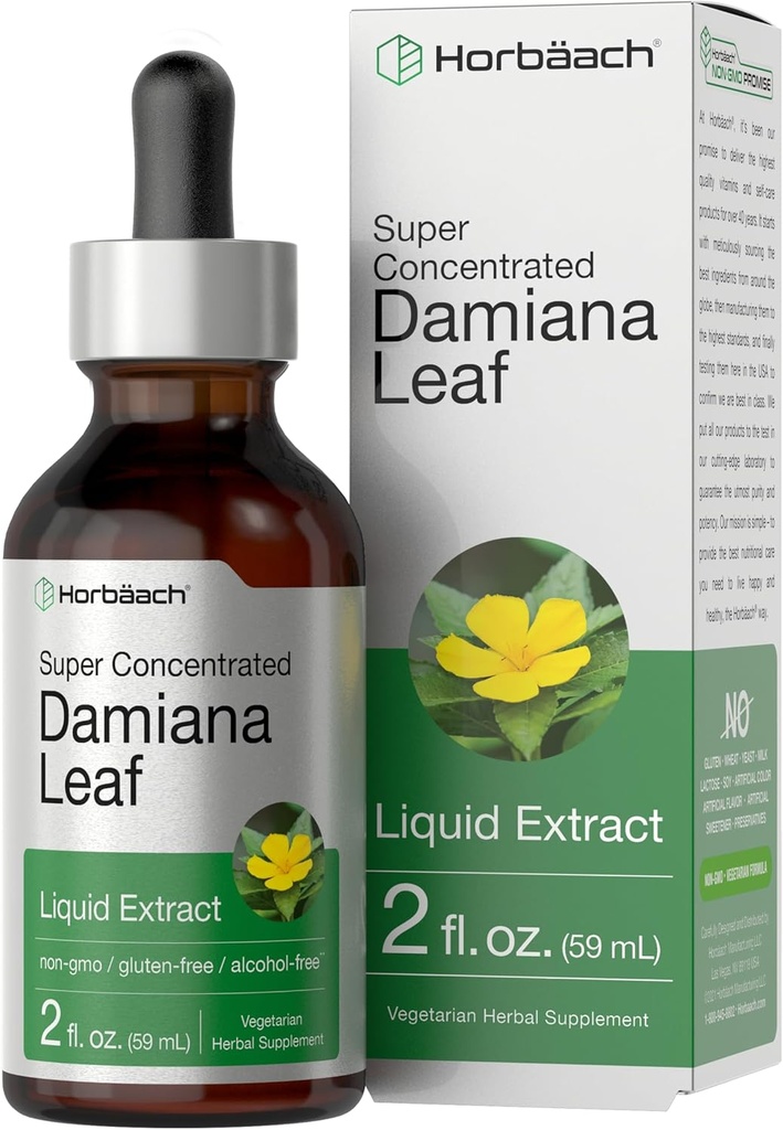 Horbäach Damiana Leaf Teinture d'herbes de 2 fl oz. Super concentré. Extrait liquide sans alcool.