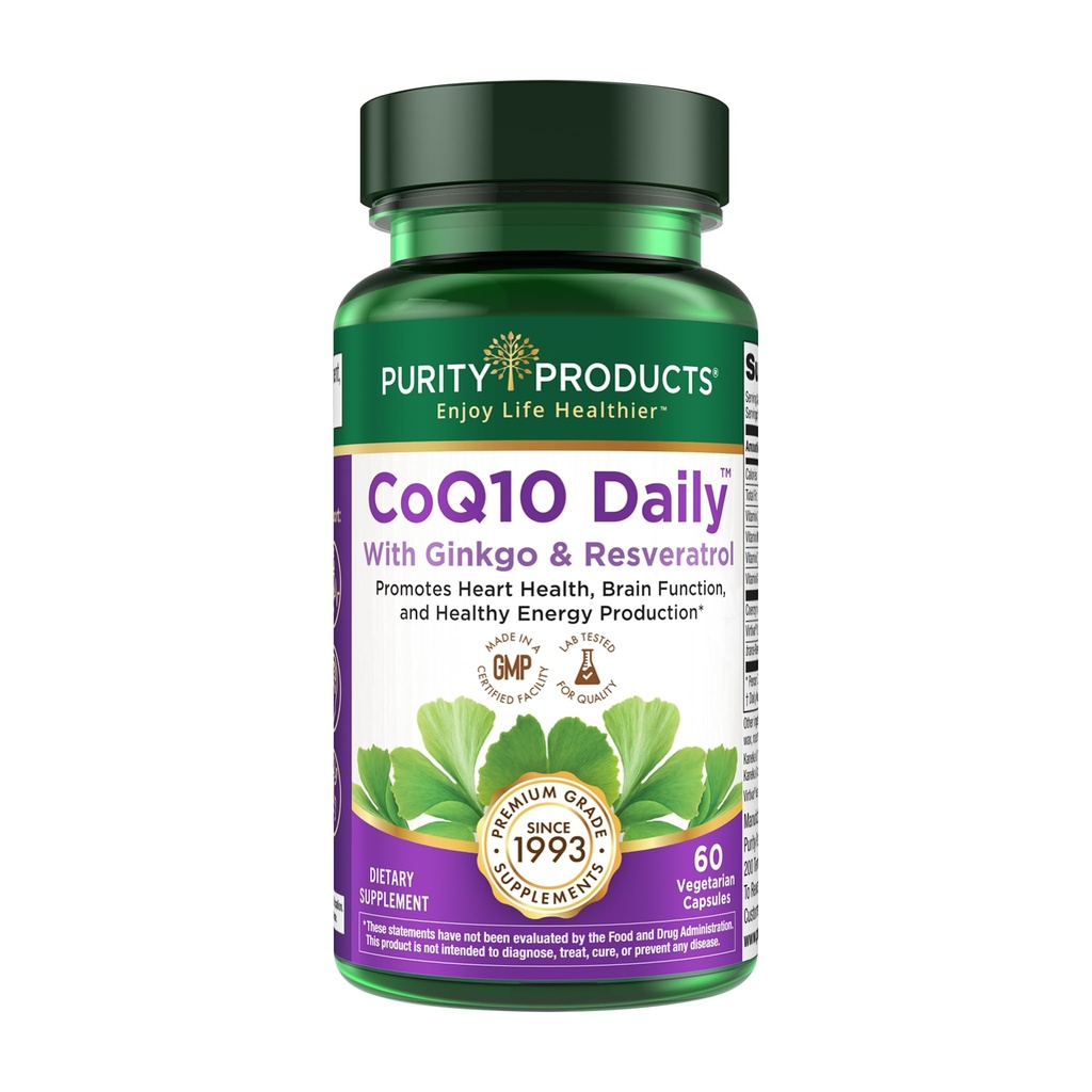 Produits de pureté CoQ10 Daily Super Boost avec Ginkgo et Resveratrol à partir du soutien des niveaux d'énergie sains et de la fonction cérébrale saine - 60 Capsules végétariennes