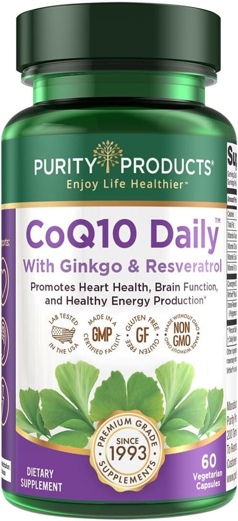 Purity Products CoQ10 Daily Super Boost with Ginkgo and Resveratrol from Supports Healthy Energy Levels and Healthy Brain Function - 60 Vegetarian Capsules