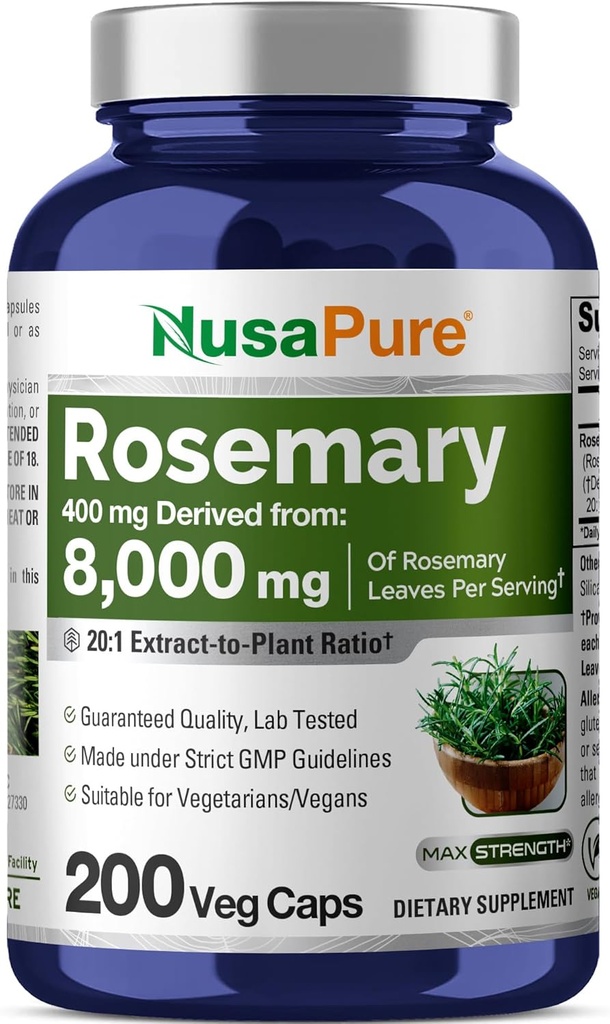 NusaPure Rosemary Capsules | 20:1 Extract, 400 mg Equivalent to 8,000mg | 200 Veggie Caps | Non-GMO