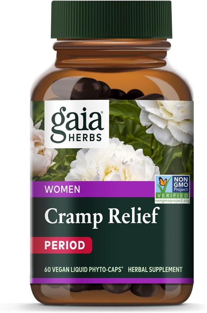 Gaia Herbs Cramp Relief - Supplément à base de plantes pour l'équilibre hormonal et le soulagement de la crampe par période - Fabriqué avec racine de réglisse biologique, racine de pivoine blanche, curcuma et plus - 60 capsules végétaliennes (60 portions)