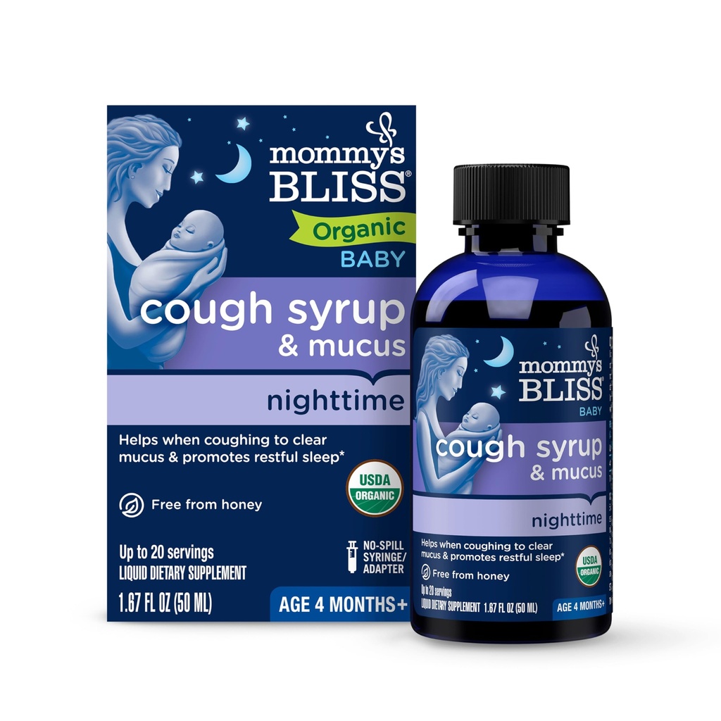 Syrup et mucus pour bébé biologique de Mommy's Bliss Cough Night Time, contient de l'agave biologique et la feuille d'Ivy, fait pour les bébés 4 mois + 1,67 onces fluides