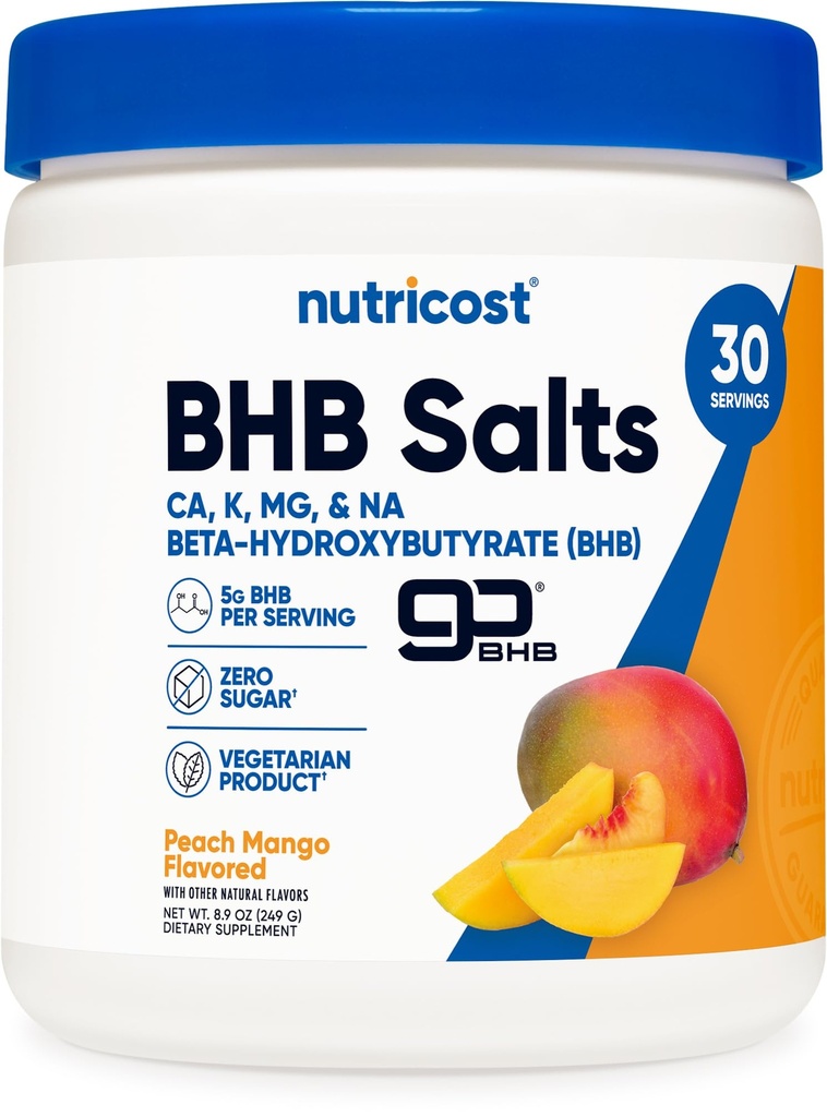 Nutricost BHB Salts Drink Mix (30 portions, aromatisé à la mangue de pêche) (5G BHB par portion) - 0G Total sucres, produit végétarien