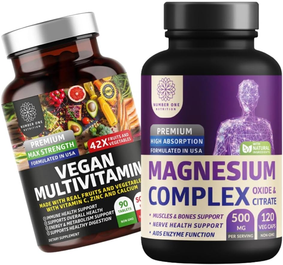 No One Nutrition N1N Premium Magnésium Complex [500mg] Haute absorption et multivitamine végane [86 ingrédients puissants], non-OGM et sans gluten, 2 paquets