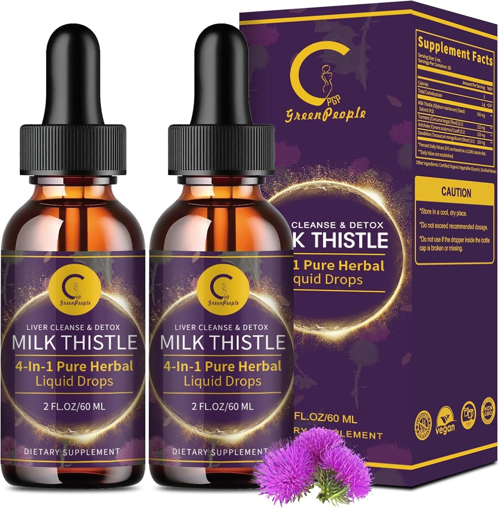 (2 packs) Lait de chardon gouttes liquides pour nettoyer le foie désintoxication et réparation, supplément de chardon de lait avec racine de dandelion, artichaut et curcuma pour le soutien du foie et la santé immunitaire, végétalien, non-OGM, 4 FL OZ