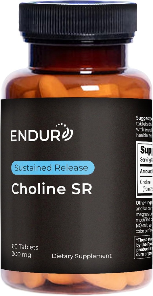 Endur Choline L(+) Bitartrate, supplément de soutien du cerveau et du foie à libération prolongée, sans danger prénatal, végétalien, non OGM, sans gluten, 300mg (60 comprimés)