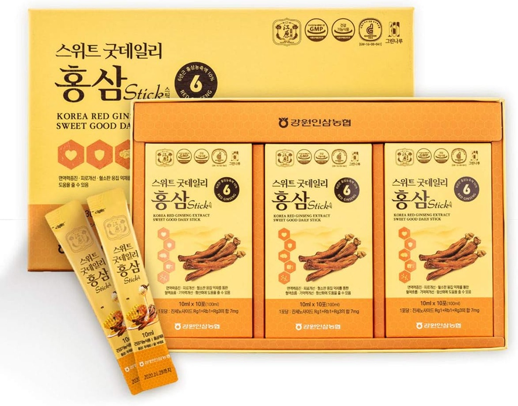 [Gangwoninsam] Extrait de ginseng rouge coréen Sweet Good Daily Stick 30 Compte – Contient 6 ans Extrait de ginseng rouge coréen, aliments coréens, emballé individuellement, 0,35 fl. oz (10ml), 3 X 10-Count Box