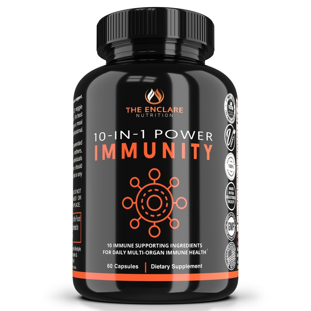 THE ENCLARE NUTRITION 10 in 1 Immune Support Booster Supplement with Echinacea, Vitamin C and Zinc, Turmeric, Ginger, B6, Elderberry for Adults Immunity Defense Vitamins, Made in USA Veg Cap 60 Ct (1)