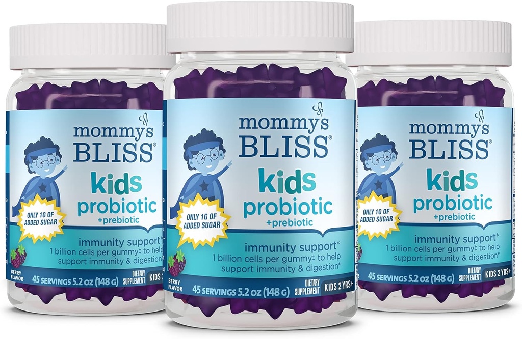 Mom's Bliss Kids Probiotic + Gommies prébiotiques, soutient l'immunité et la digestion pour les enfants 2 ans +, moins de sucre, Miam Berry Flavor, 45 comte (paquet de 3)