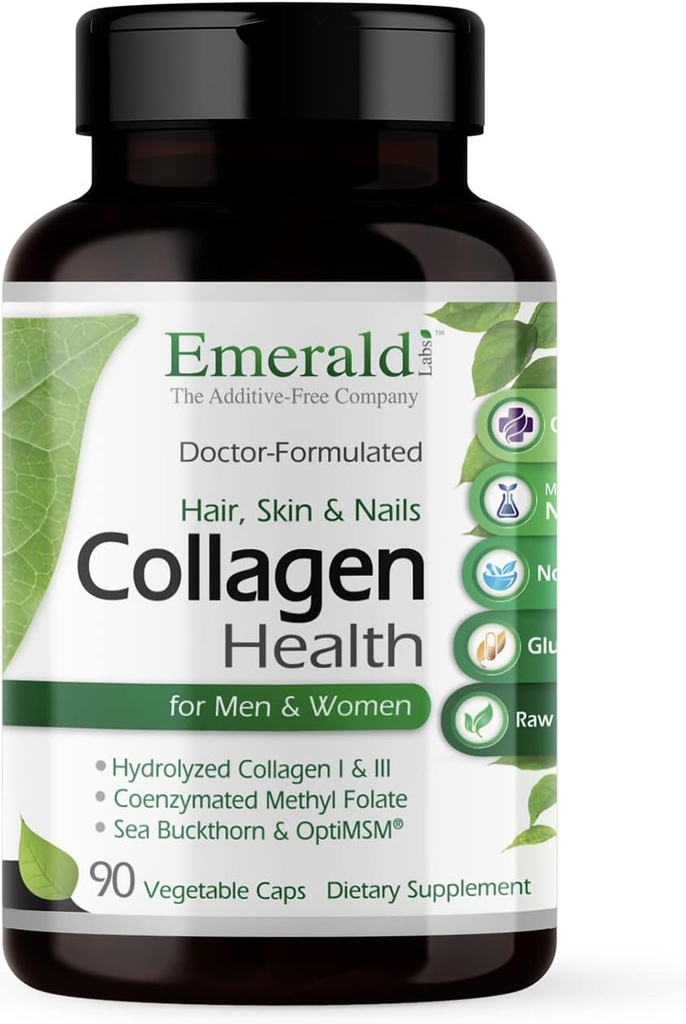 EMERALD LABS Collagen Health - Collagène hydrolysé pour les cheveux, la peau et les ongles sains avec Saw Palmetto & Beta-Sitostérol - Supporte également la santé immunitaire et adrénale - 90 capsules végétales (30 jours d'approvisionnement)