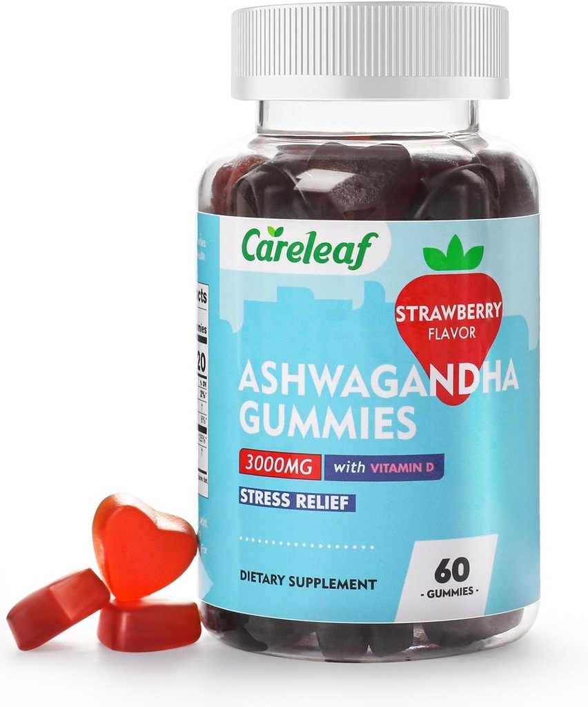 Vegan Ashwagandha Gummies-3000mg High Potency Ashwagandha Root Extract with Vitamin D2 | Strawberry Flavor | 60 Cts/Bottle