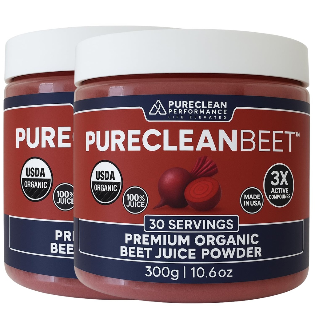 Poudre de jus de betterave biologique PureClean - Supplément à l'oxyde nitrique - 100% betteraves cultivées - poudre de racines de betterave biologique 30 portions, 300g (2 pots 60 portions)