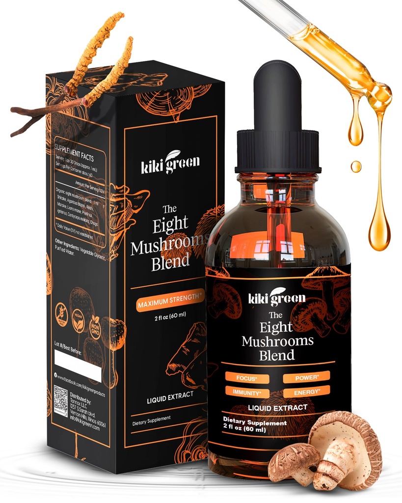 Kiki Green 8 champignons gouttes d'extrait liquide - Complexe adaptogène pour le soutien cognitif, Immunity Boost - Lions Mane Supplément, Cordyceps, Chaga, Reishi, Shiitake, Maitake, Red Reishi