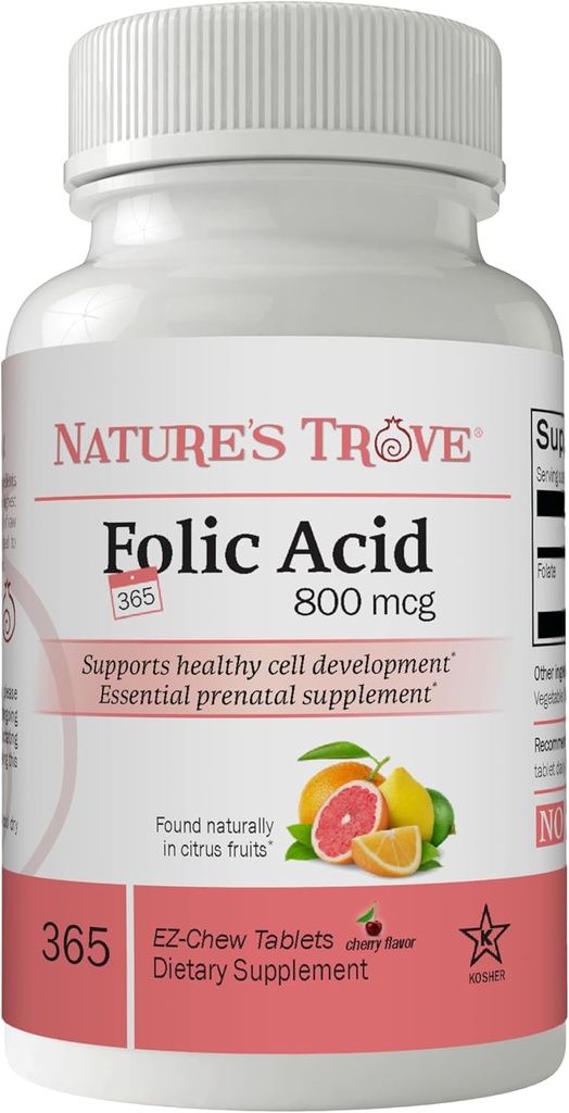 Nature's Trove Folic Acid 800 mcg (B9 Vitamin) 365 EZ Chew Tablets Cherry Flavor