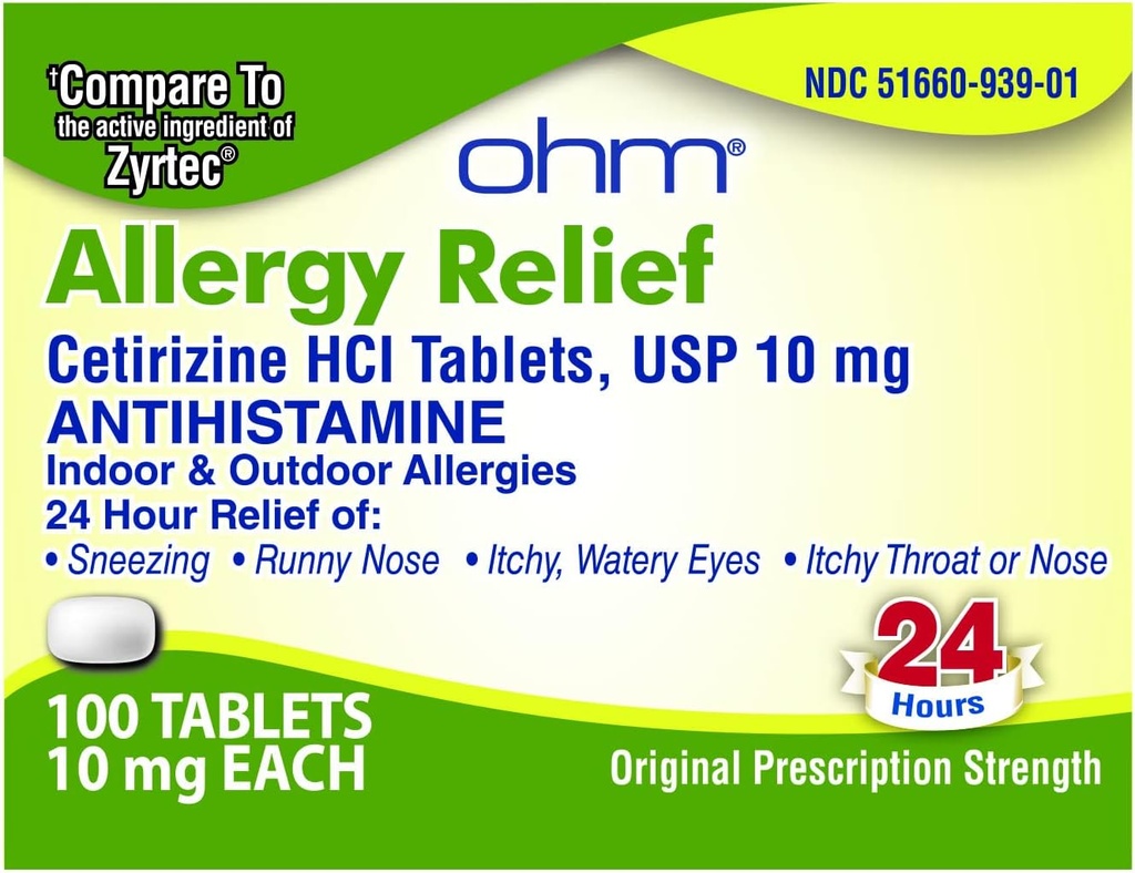 Ohm Cétirizine 10 mg Comprimé - Allergy Relief All Day - 100 Compte - Anti-Histamine pour la fièvre du foin, le pollen, les yeux déchiquetés - Soulagement efficace des allergies All Day
