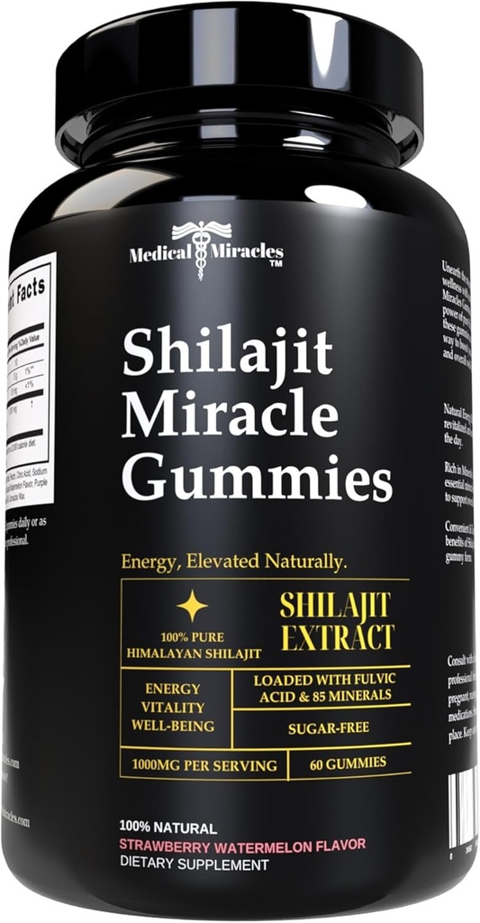 Miracles médicaux Shilajit Gummies - 1000mg Extrait d'Himalayen pur avec/acide sulfurique, végétalien, sans sucre, haute puissance. Soutien énergétique et immunitaire avec plus de 84 minéraux. 60 Delicious Gummies